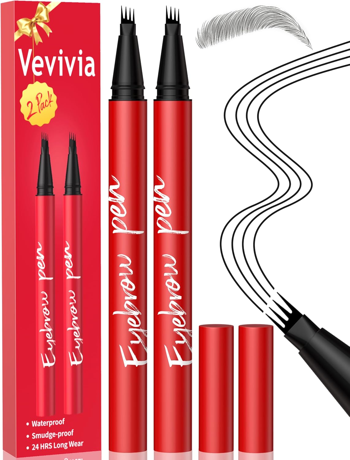 Vevivia Beauty Eyebrow Pencils for Women - Eyebrow Pen 2 Pack, Precise 4-Tip Brow Pencil for Natural-Looking Fuller Brows, Hair-Like Strokes for All Brow Types, Last All-Day Brow Pen, Dark Brown