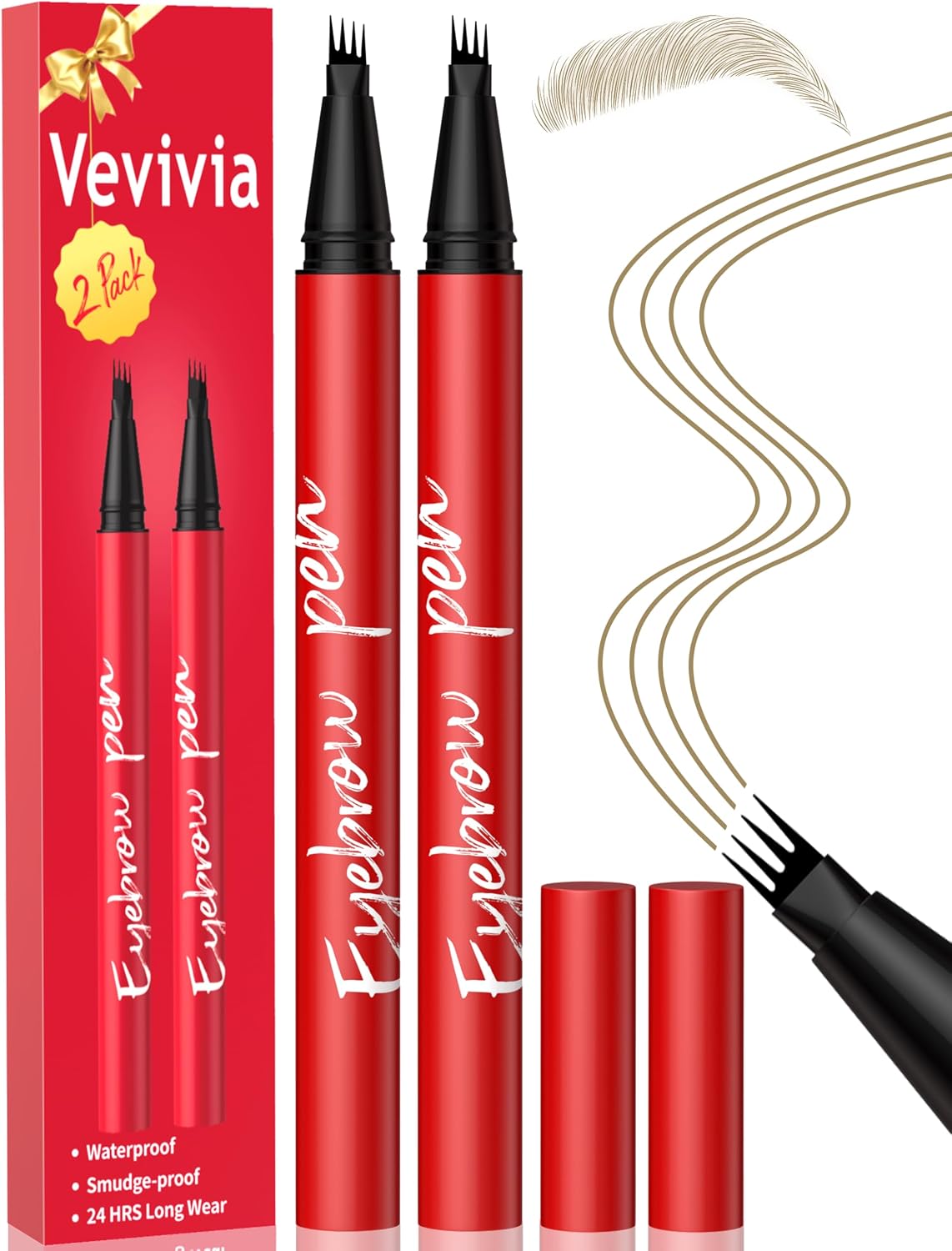 Vevivia Beauty Eyebrow Pencils for Women - Eyebrow Pen 2 Pack, Precise 4-Tip Brow Pencil for Natural-Looking Fuller Brows, Hair-Like Strokes for All Brow Types, Last All-Day Brow Pen, Dark Brown