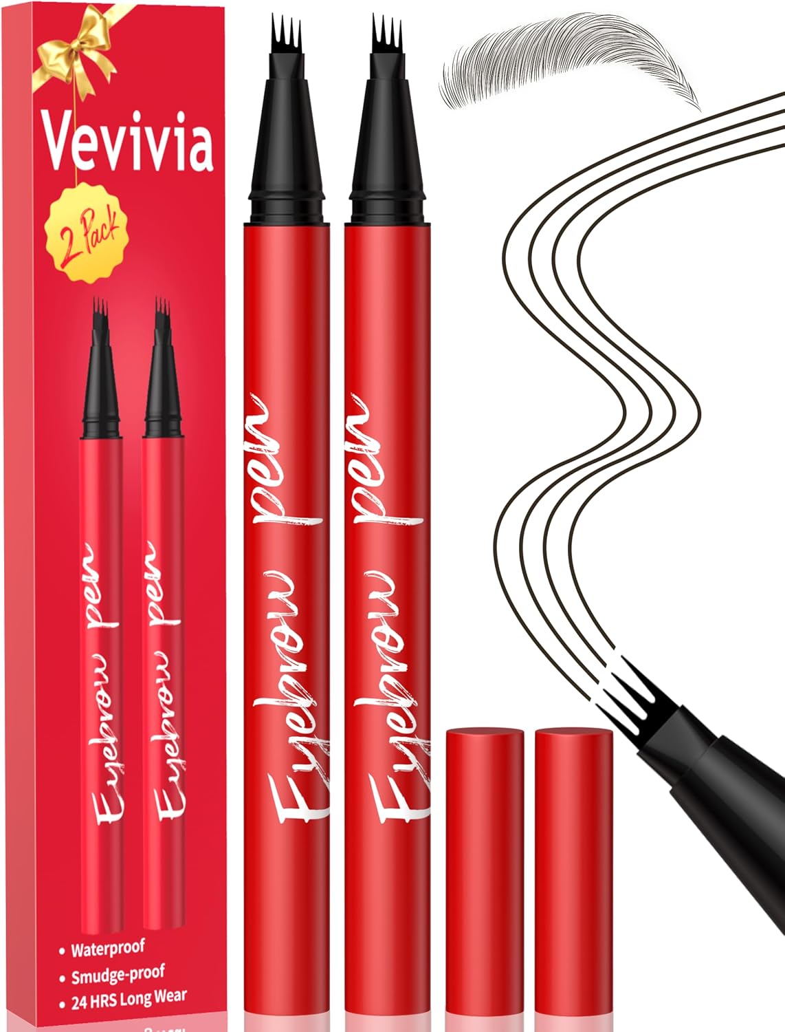 Vevivia Beauty Eyebrow Pencils for Women - Eyebrow Pen 2 Pack, Precise 4-Tip Brow Pencil for Natural-Looking Fuller Brows, Hair-Like Strokes for All Brow Types, Last All-Day Brow Pen, Dark Brown